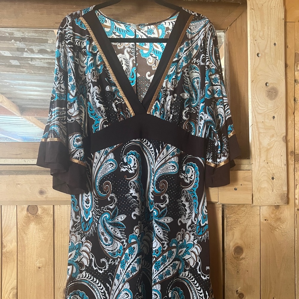 Plunge Neckline Paisley Midi Dress - Brown and Turquoise.